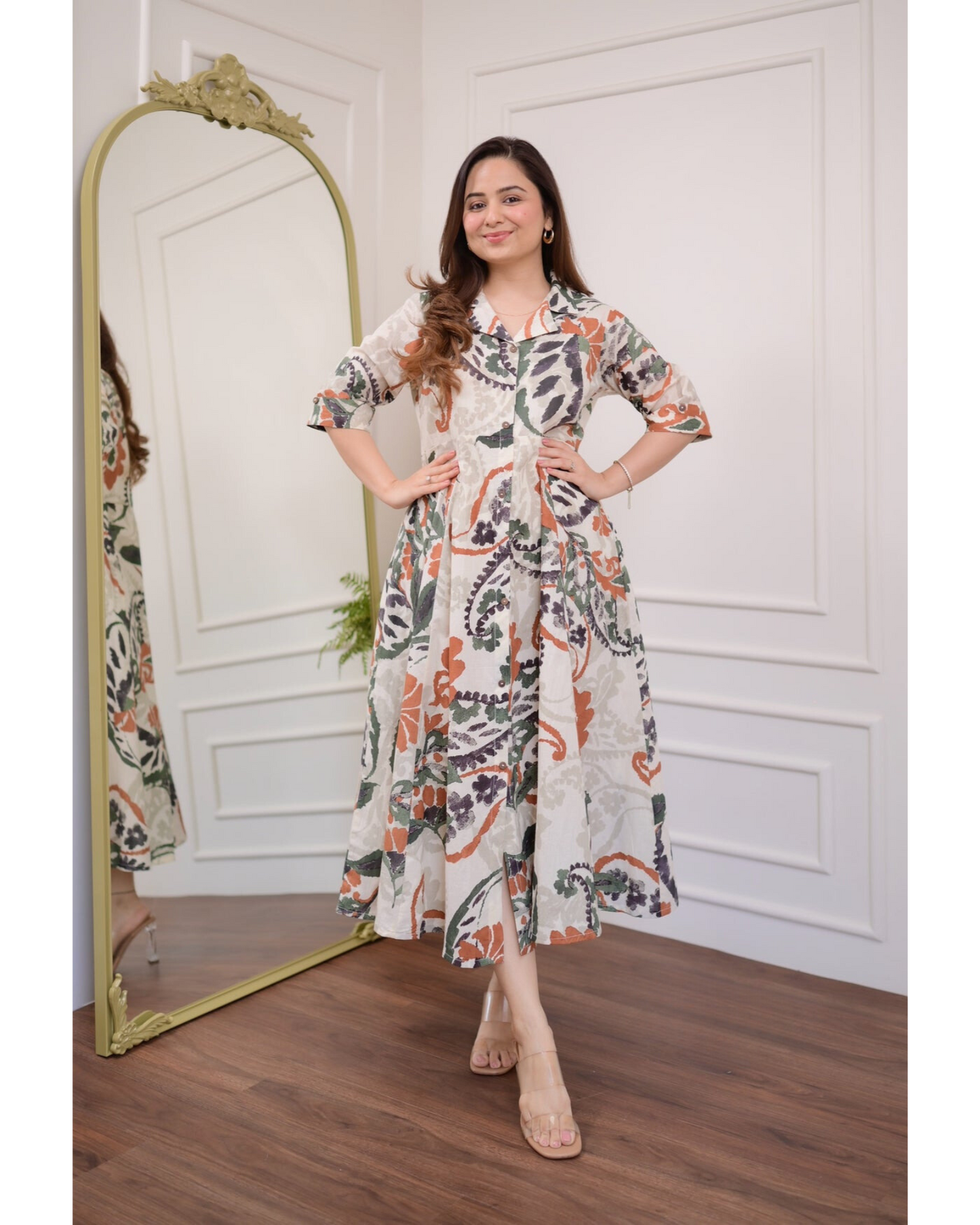 Grey Botanical Cotton A Line Dress