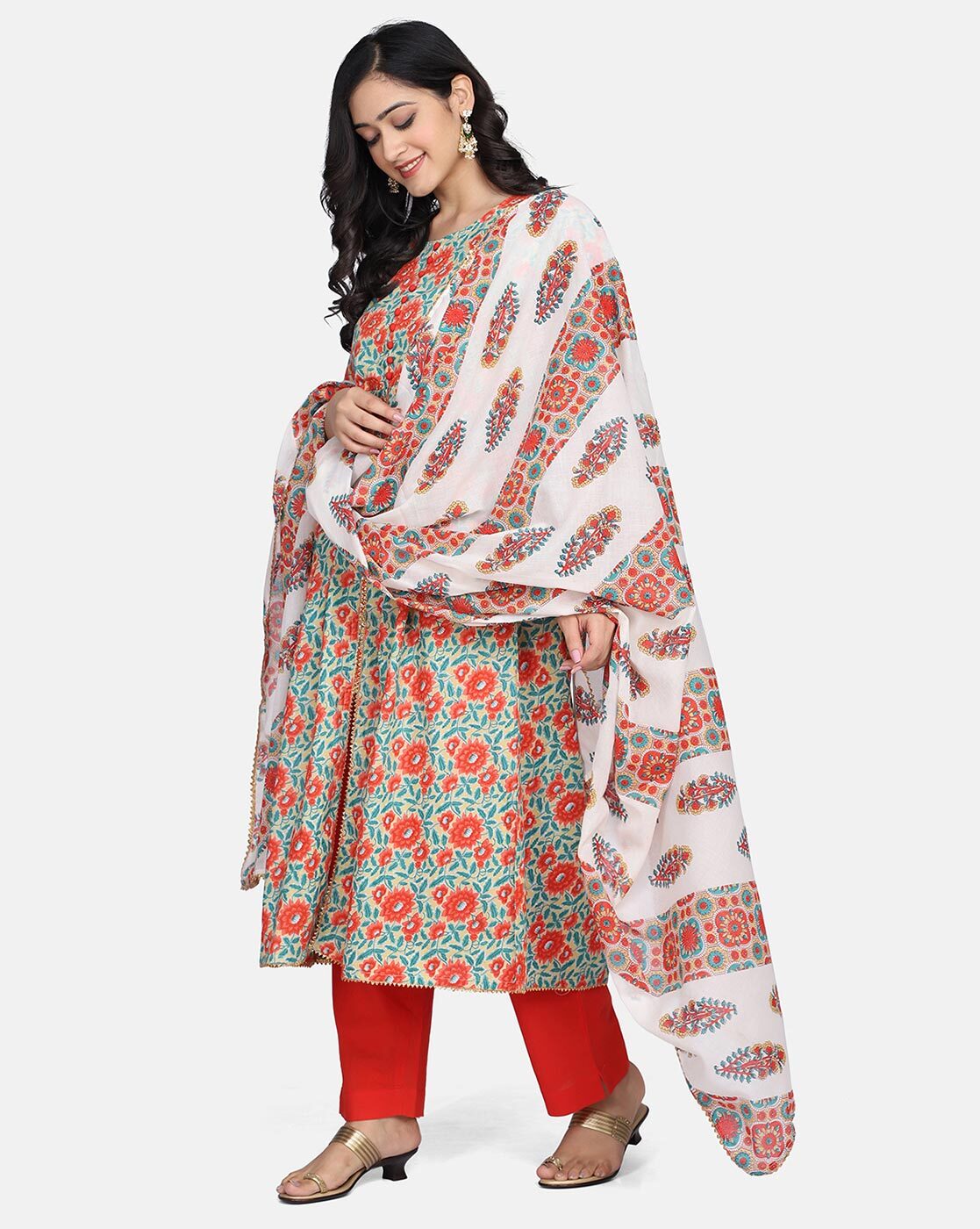 Multicoloured Floral Cotton Kurta with Pant and Dupatta Set