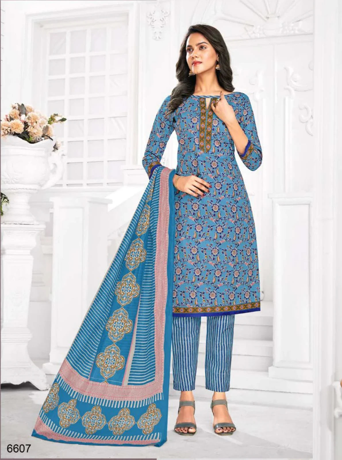 Elegant Multicolor Cotton Printed Dress Material With Dupatta For Women