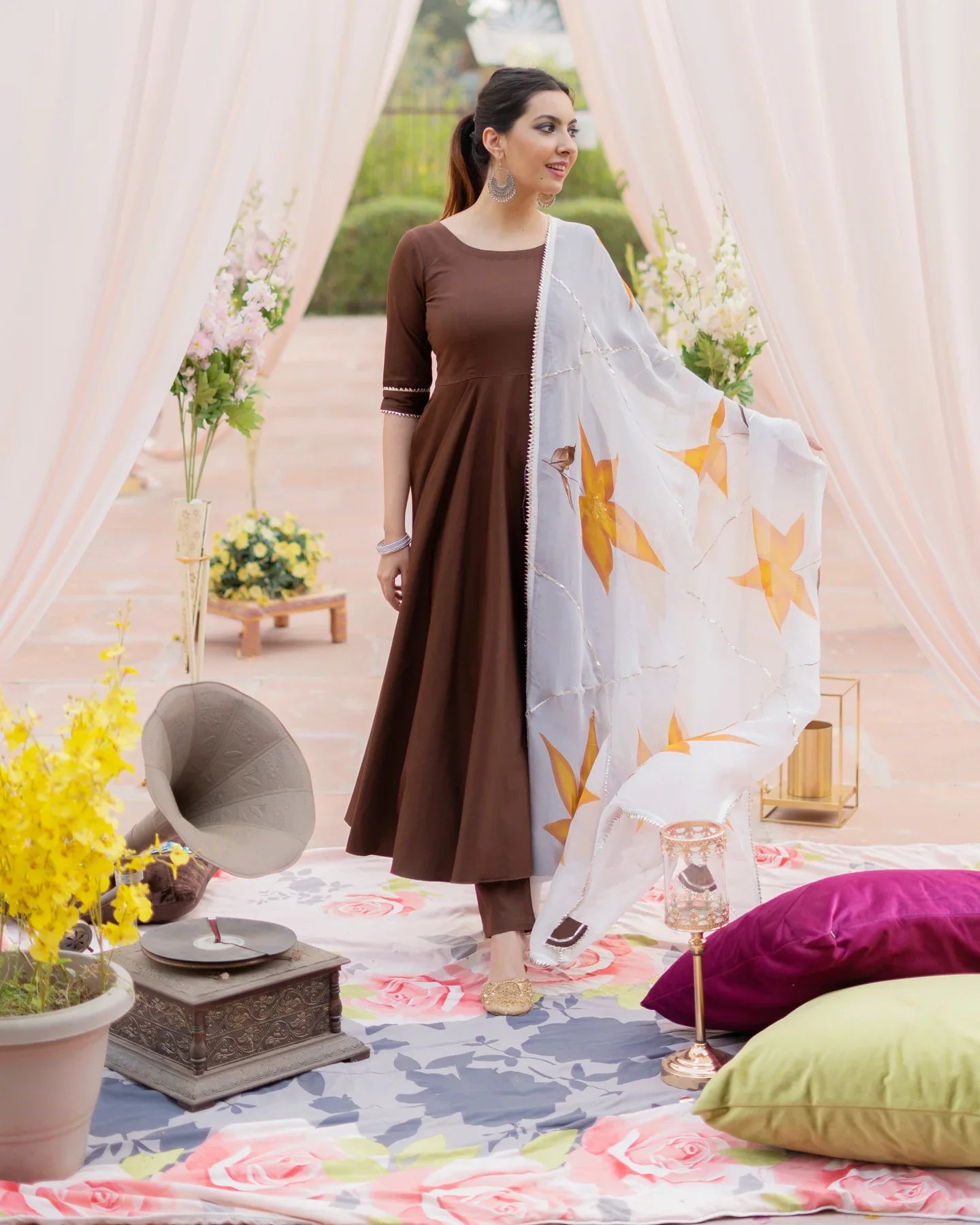 Women's Plain Ankle Length Anarkali Kurta with Pant and Dupatta Set