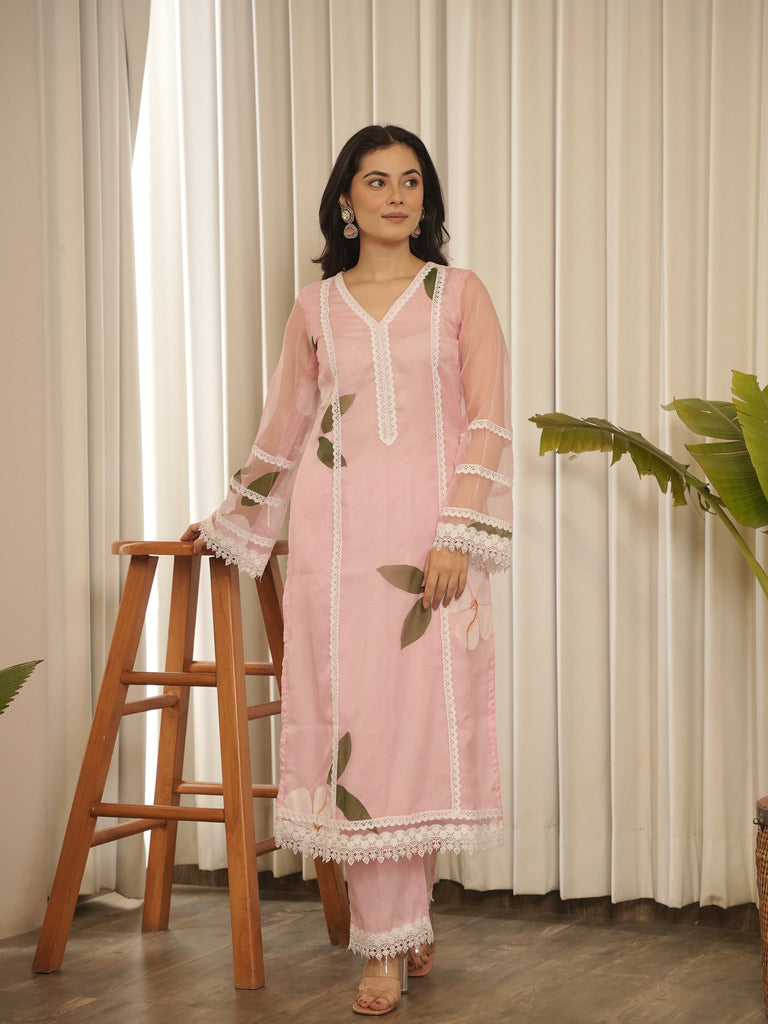 Lace Detail Pink Straight Kurta Set with Trousers and Dupatta