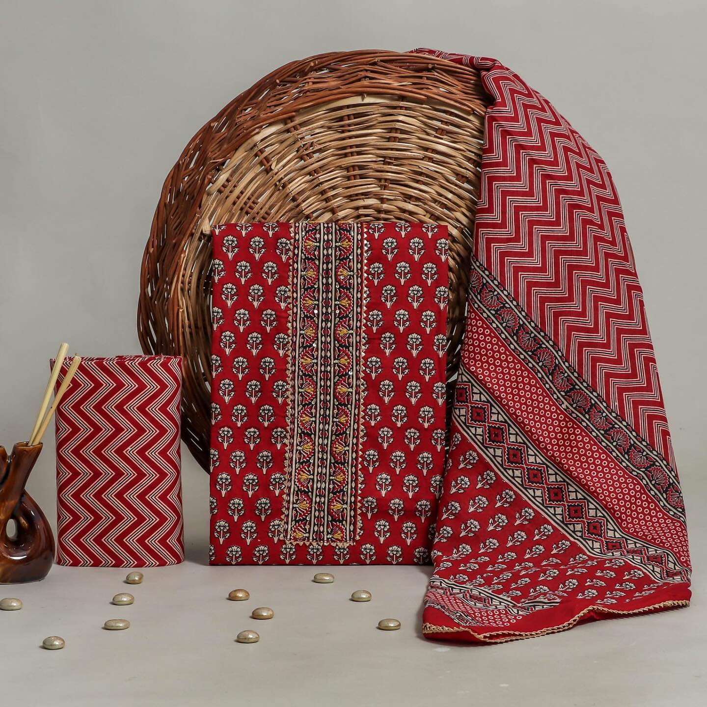 Elegant Red Cotton Printed Dress Material with Dupatta For Women