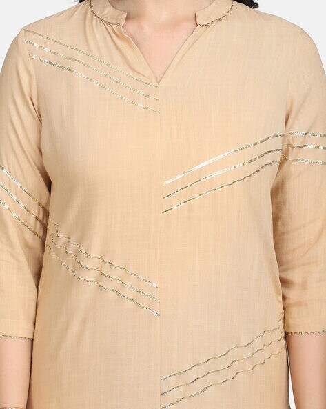 Stylish Rayon Peach Lace Kurta with Palazzo and Dupatta Set