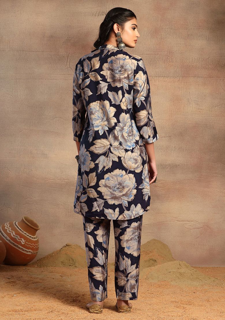 Navy Blue Floral Print Kurta With Pants Set