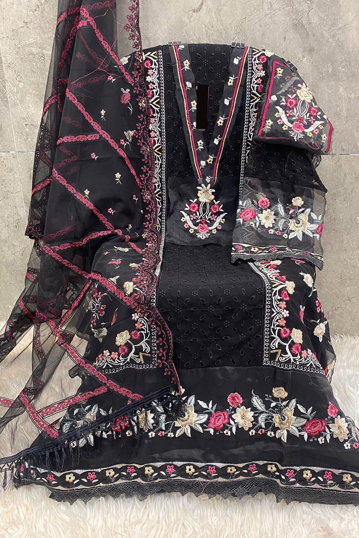 Elegant Black Georgette Embroidered Dress Material with Dupatta For Women