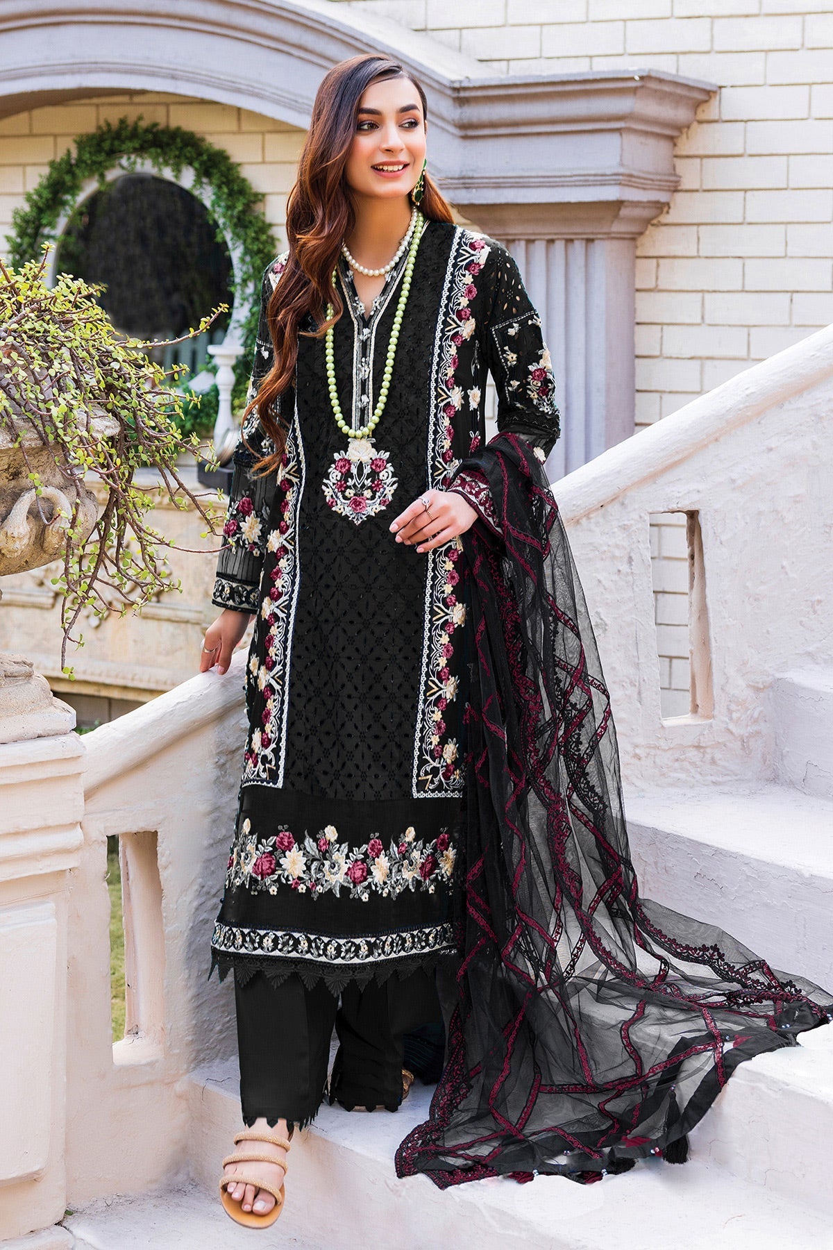 Elegant Black Georgette Embroidered Dress Material with Dupatta For Women