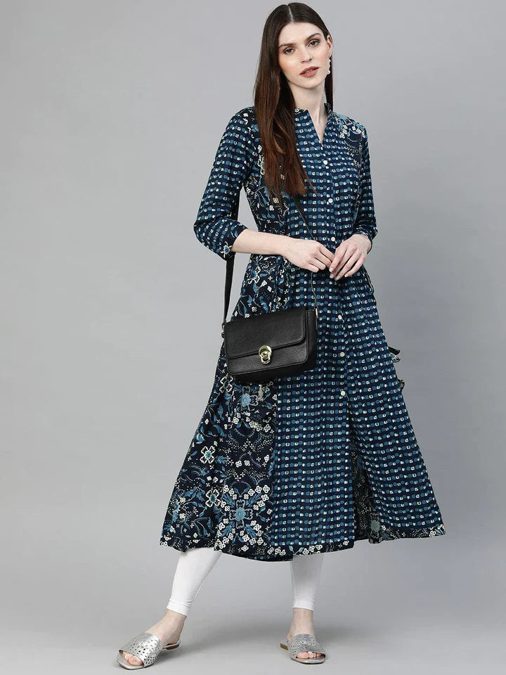 Navy Blue Printed A- Line Kurta