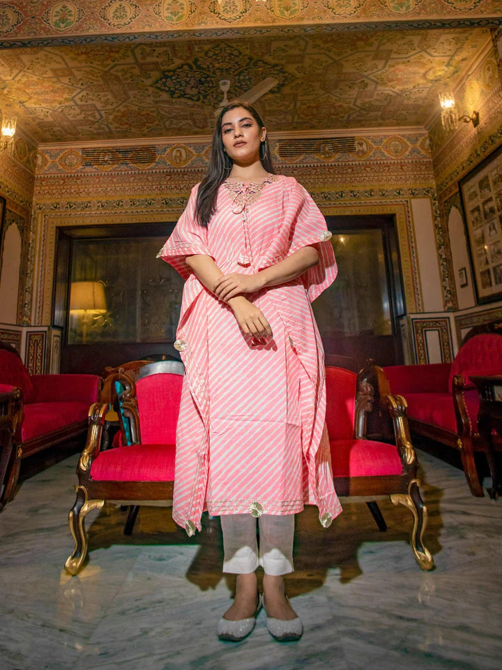 Baby Pink Cotton Laheriya Kaftan