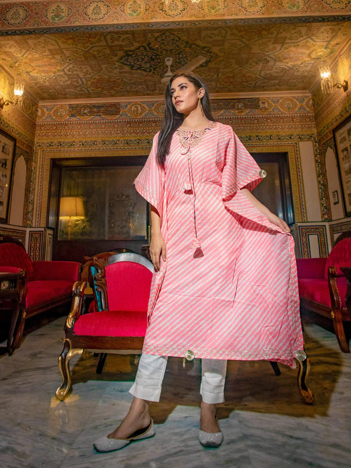 Baby Pink Cotton Laheriya Kaftan