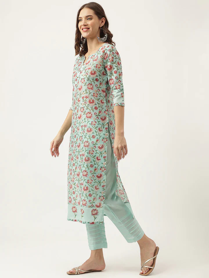 Green Chanderi Floral Printed Kurta with Pant Set