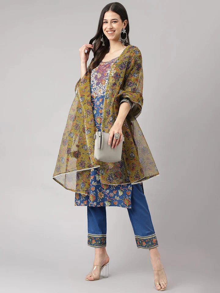 Blue Floral Printed Kurta Pant Set with dupatta