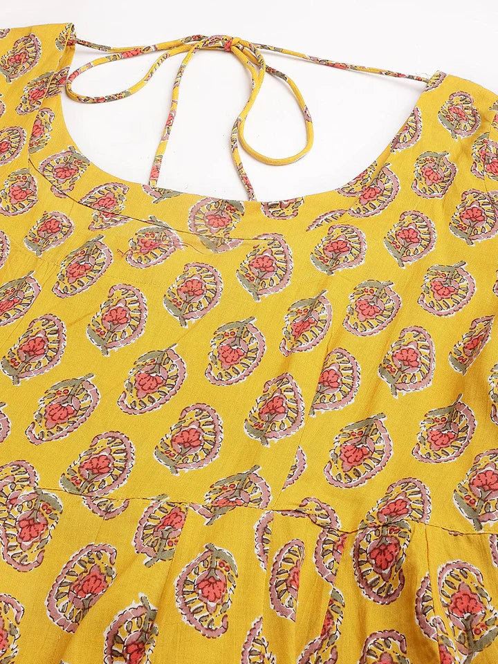 Stylish Yellow Cotton Printed Anarkali Kurta, Bottom and Dupatta Set