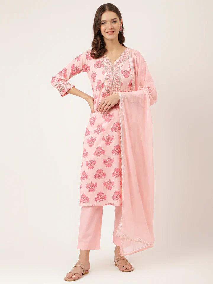 Pink Floral Print Cotton Kurta, Trouser & Dupatta