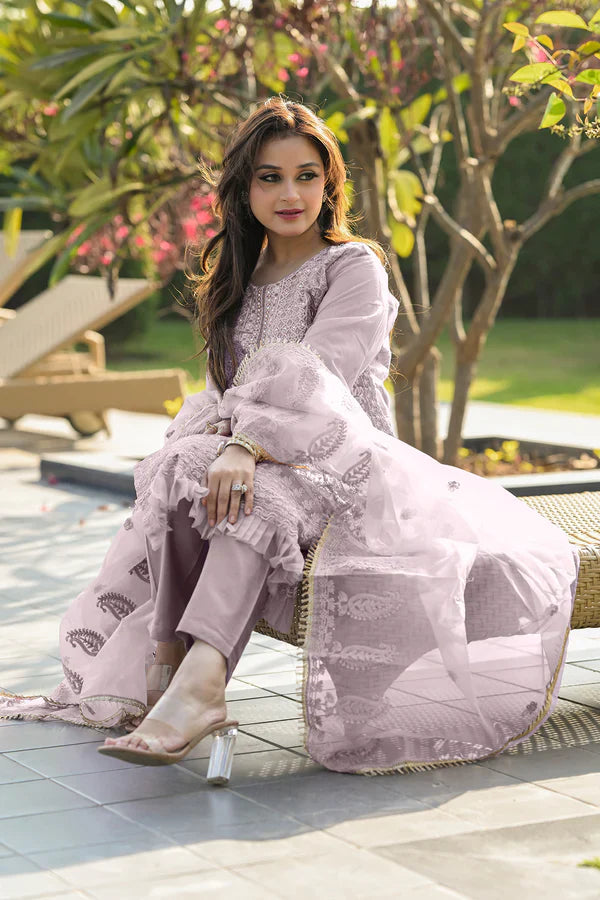 Elegant Lavender Georgette Embroidered Dress Material with Dupatta For Women