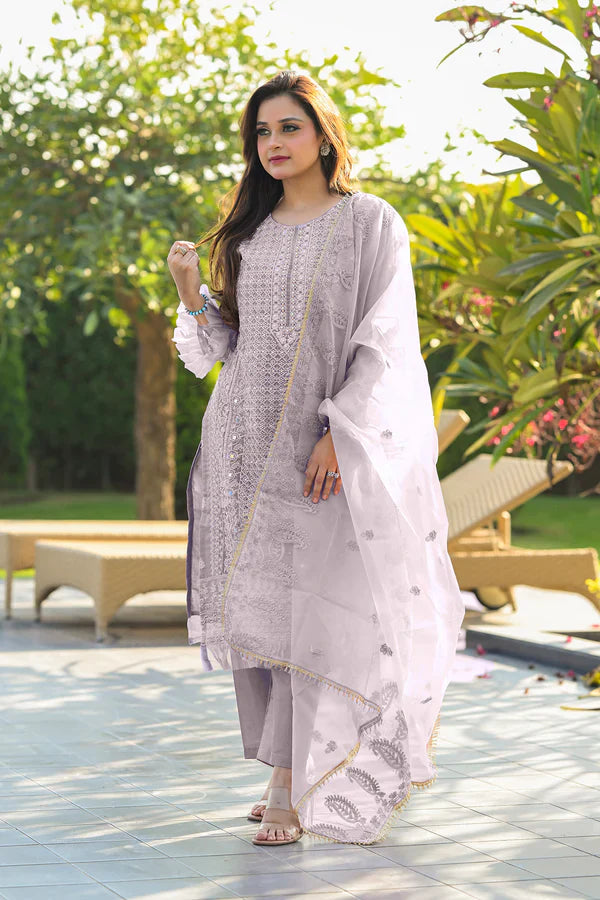 Elegant Lavender Georgette Embroidered Dress Material with Dupatta For Women
