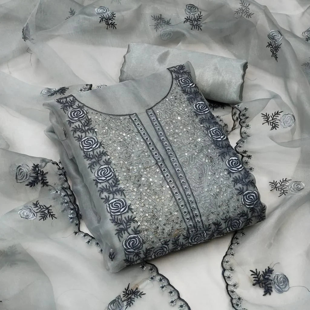 Exclusive Organza Silk Embroidered Dress Material (Unstitched)