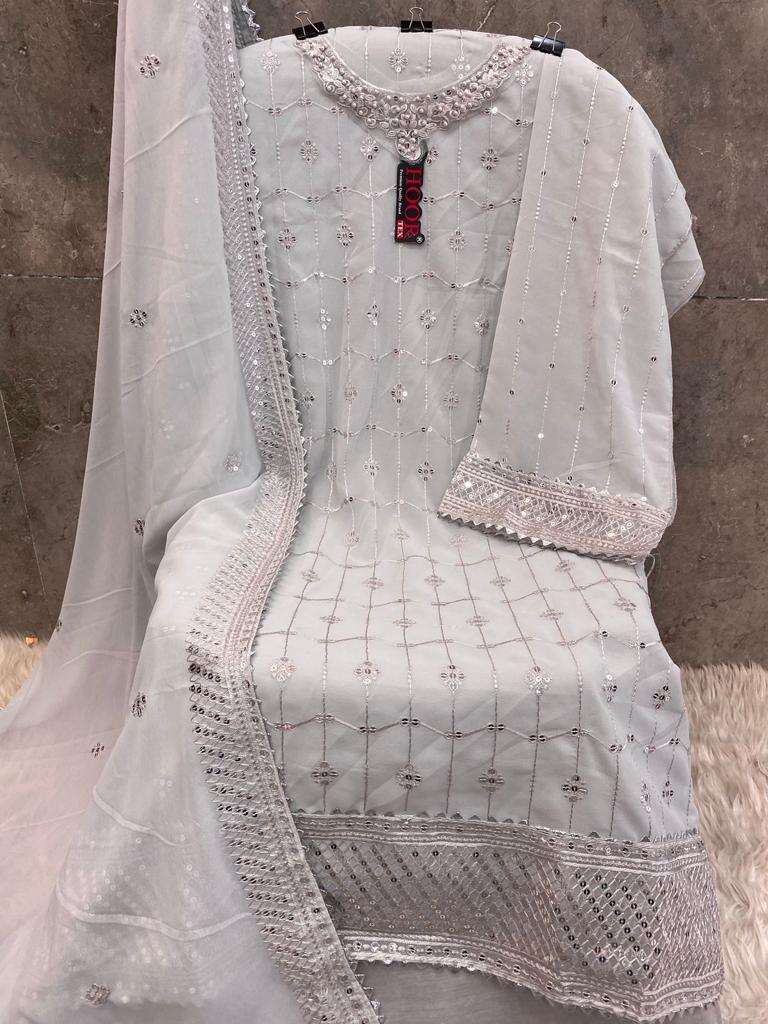 Elegant Grey Georgette Embroidered Dress Material with Dupatta For Women