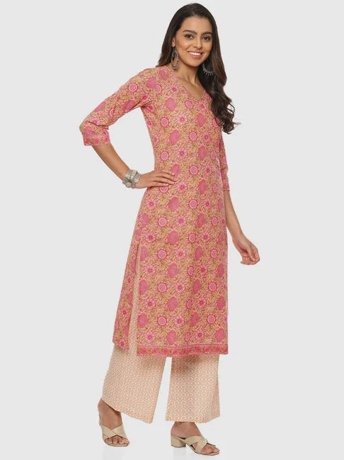 Stylish Cotton Yellow Floral Printed Kurta With Pant And Dupatta Set For Women