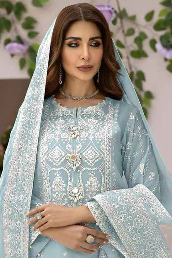 Elegant Blue Georgette Embroidered Dress Material with Dupatta For Women