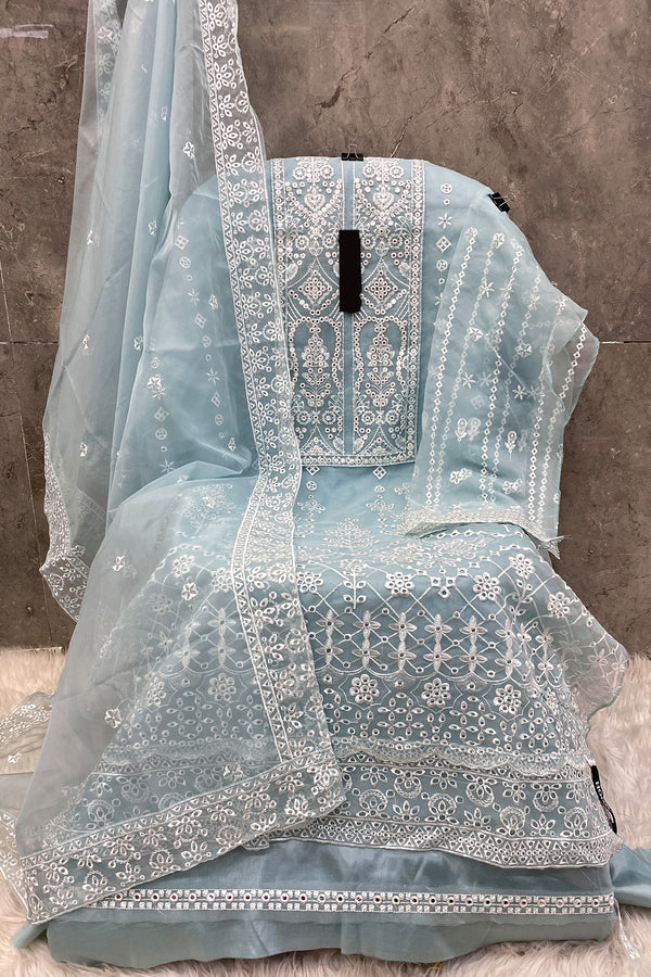 Elegant Blue Georgette Embroidered Dress Material with Dupatta For Women