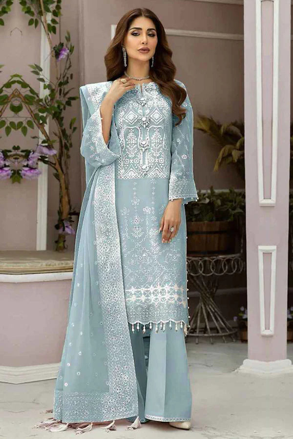 Elegant Blue Georgette Embroidered Dress Material with Dupatta For Women