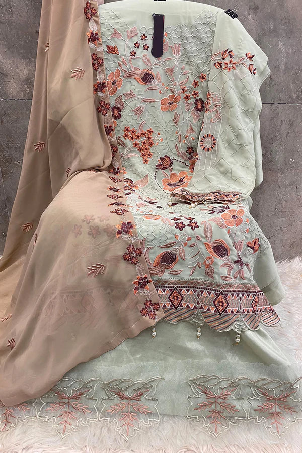 Elegant Green Georgette Embroidered Dress Material with Dupatta For Women