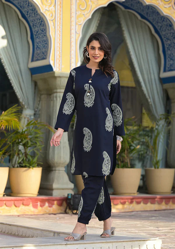 Navy Cotton Paisley Print Kurta Hem Cuffed Pant set