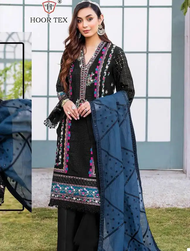 Elegant Black Georgette Embroidered Dress Material with Dupatta For Women