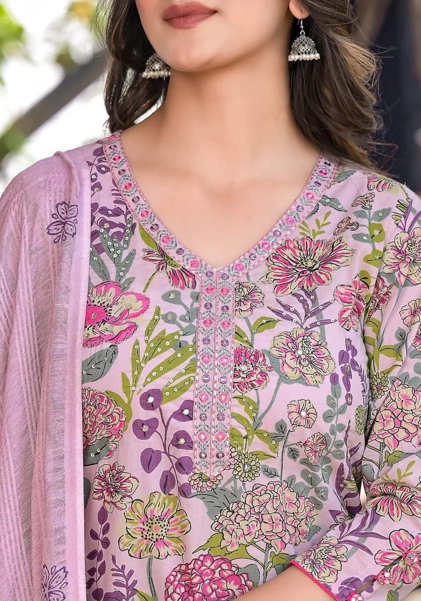 Sanganeri Block Print Afghani Pant Kurta Set Lilac Color for Women