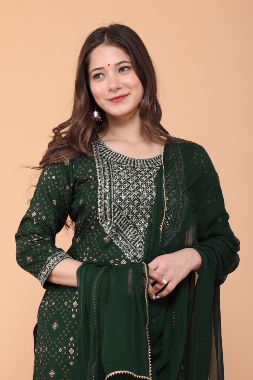 Classic Rayon Embroidered Kurta, Bottom and Dupatta Set for Women