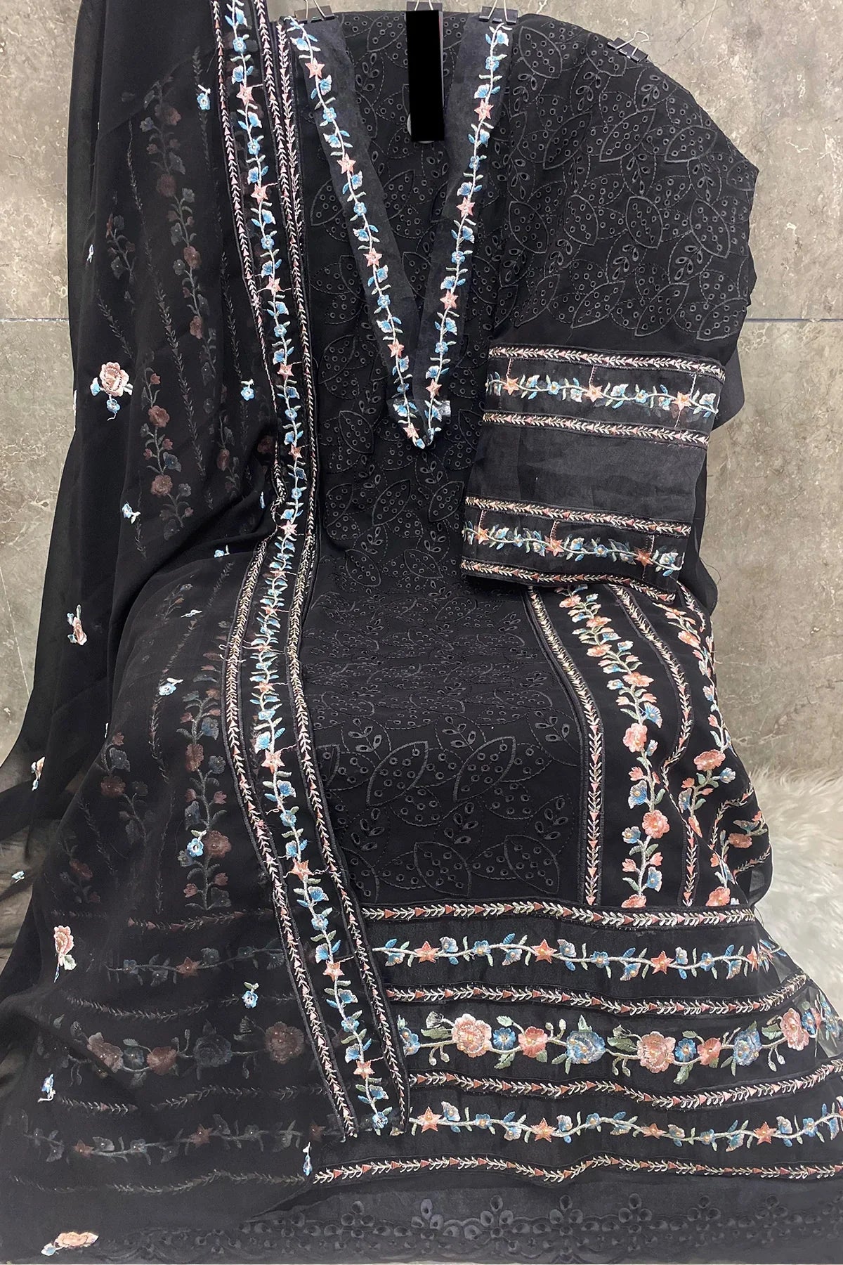 Women Stylish Georgette Embroidered Semi Stitched Dress Material with Dupatta