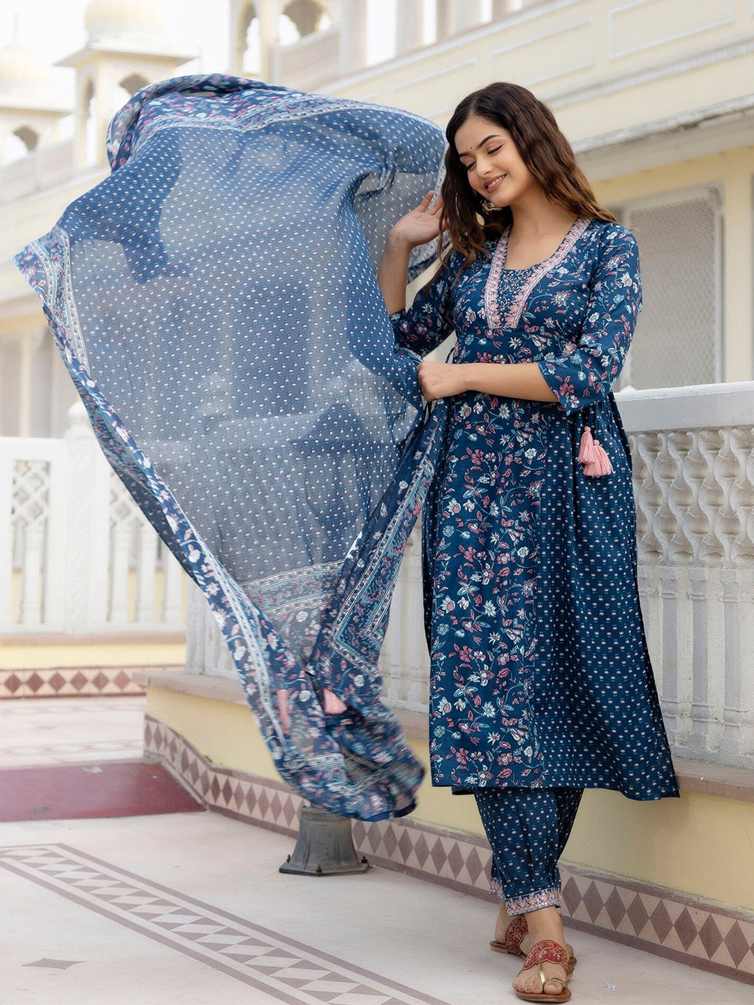 Beautiful A-Line Blue Embroidered Cotton Kurta Bottom Dupatta Set For Women