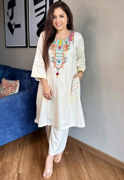 Off White Cotton Floral Embroidery Co-Ord Set