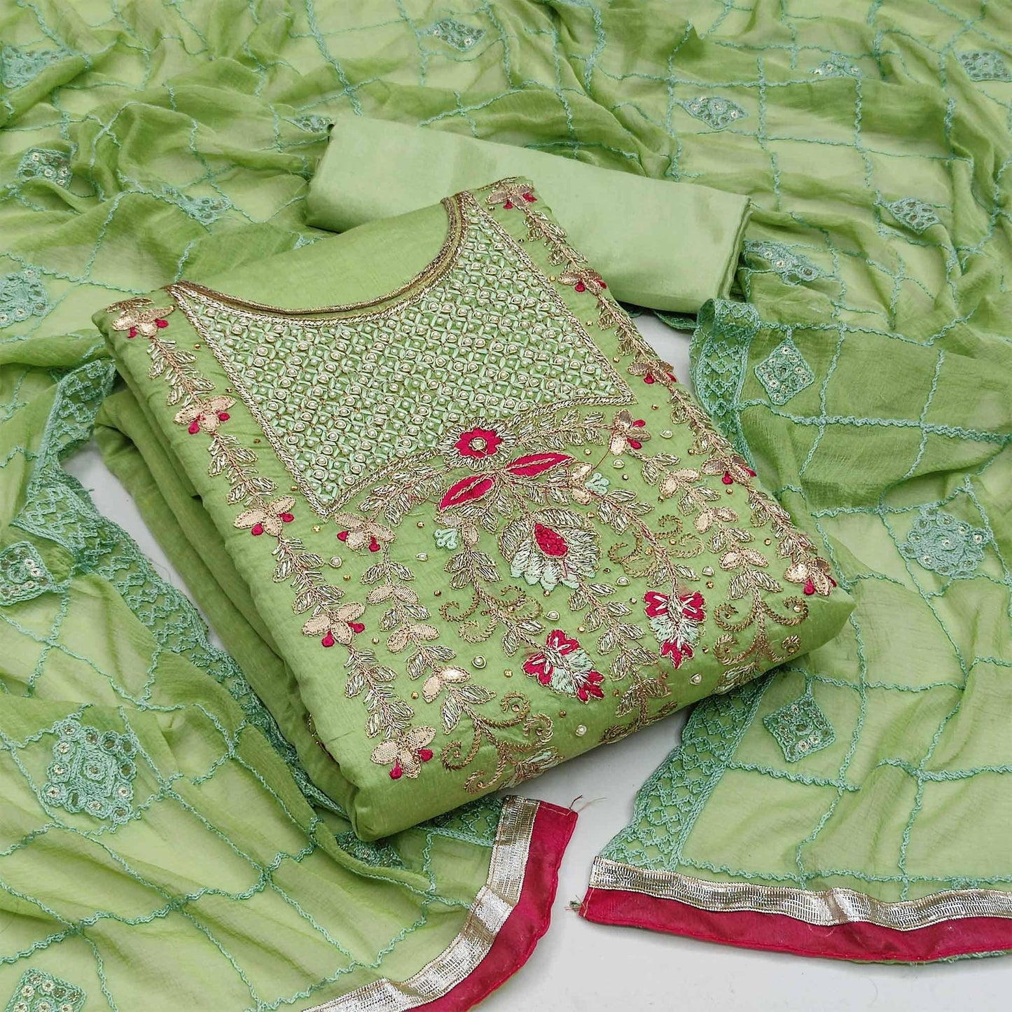 Elegant Chanderi Silk Embroidered Dress Material with Dupatta For Women