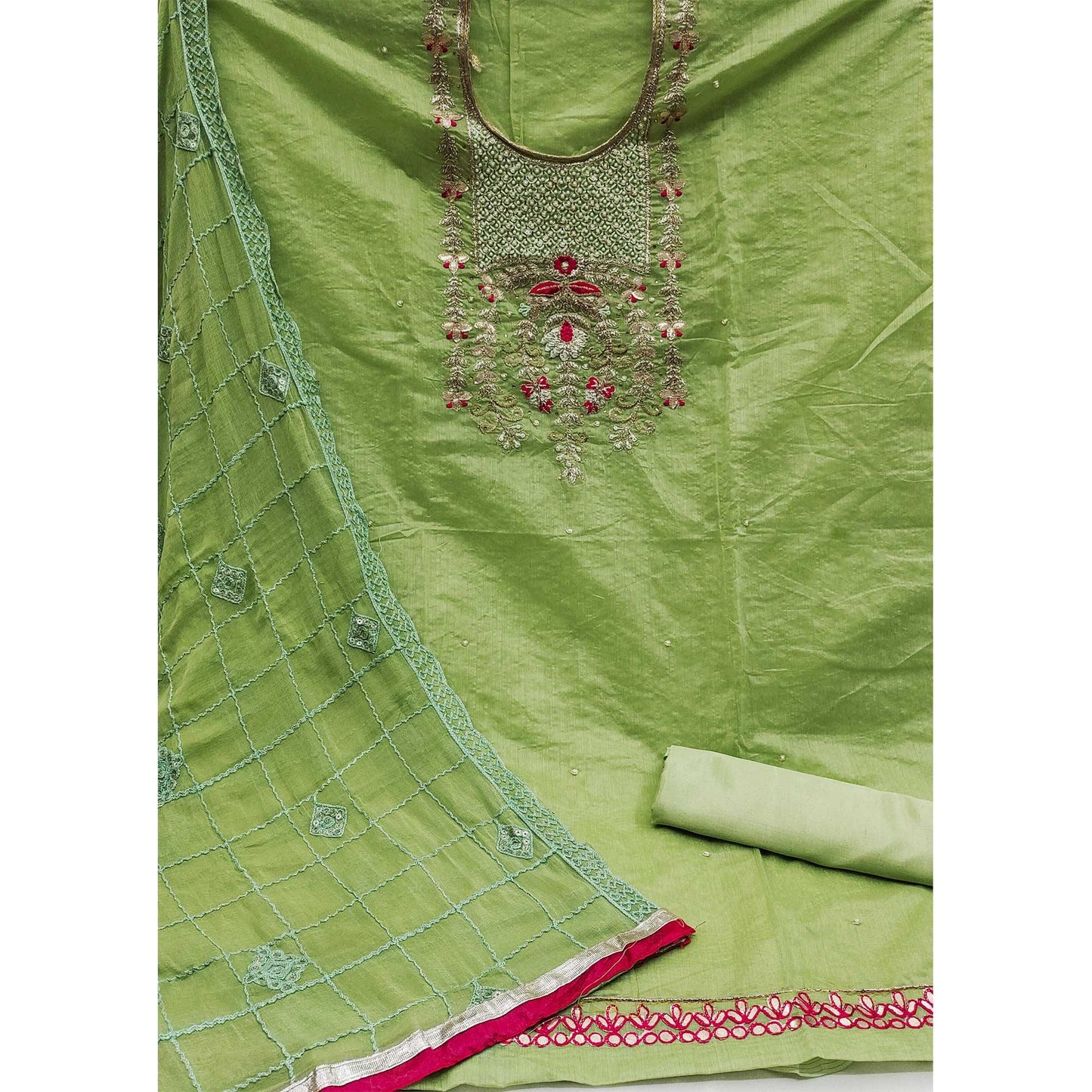 Elegant Chanderi Silk Embroidered Dress Material with Dupatta For Women