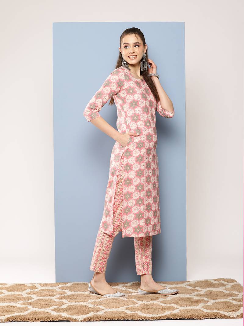 Womens Casual Wear Peach Colour Floral Print Cotton Womens Kurti Pant Set Stitched