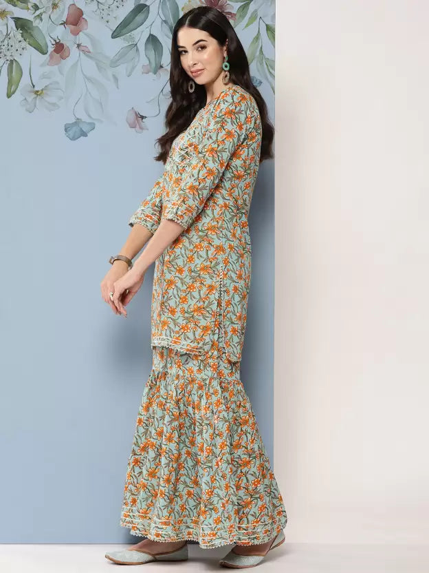 Women Pure Cotton Kurta Sharara Dupatta Set