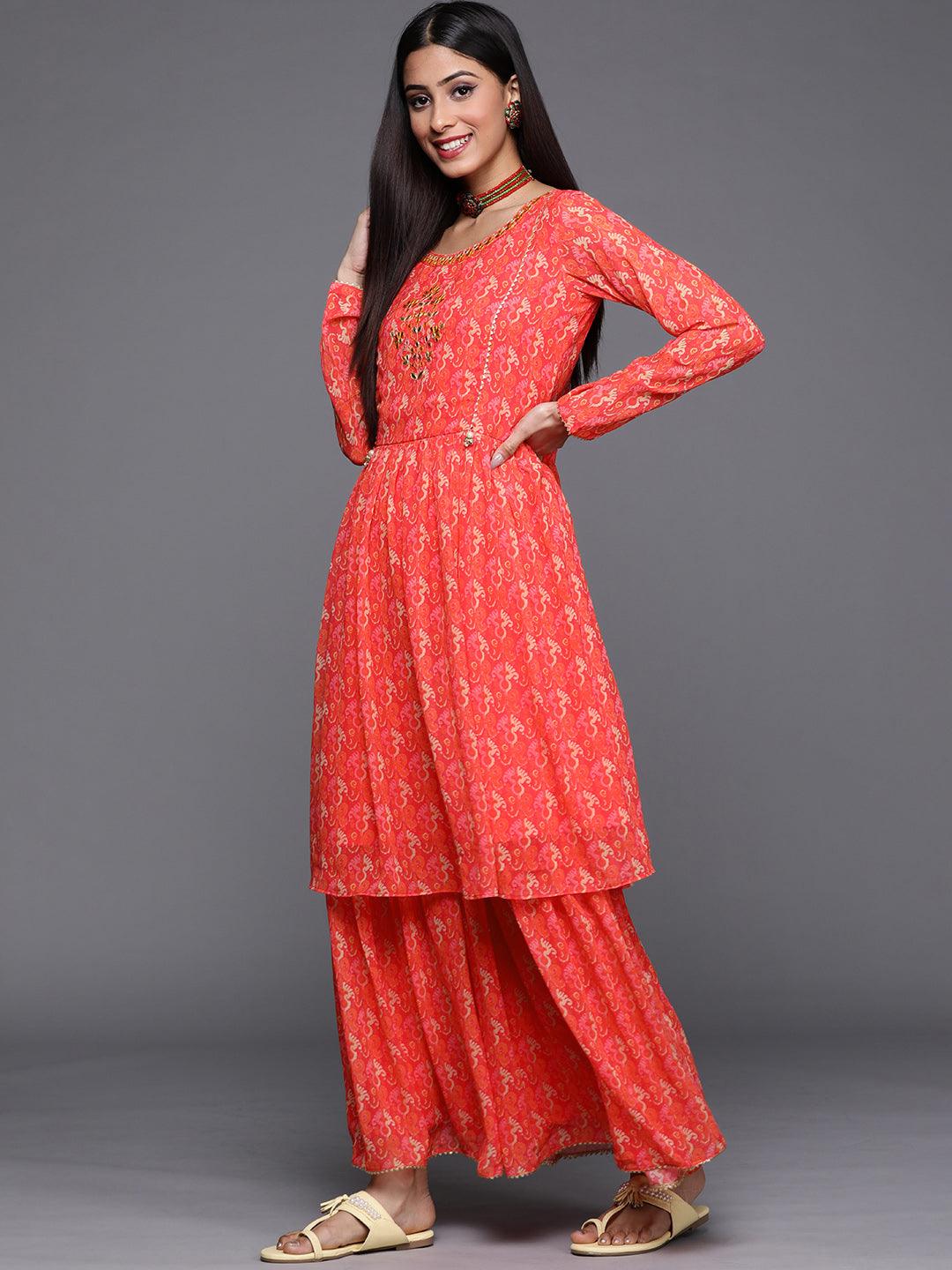 Orange Printed Georgette A-Line Kurta With Sharara & Dupatta