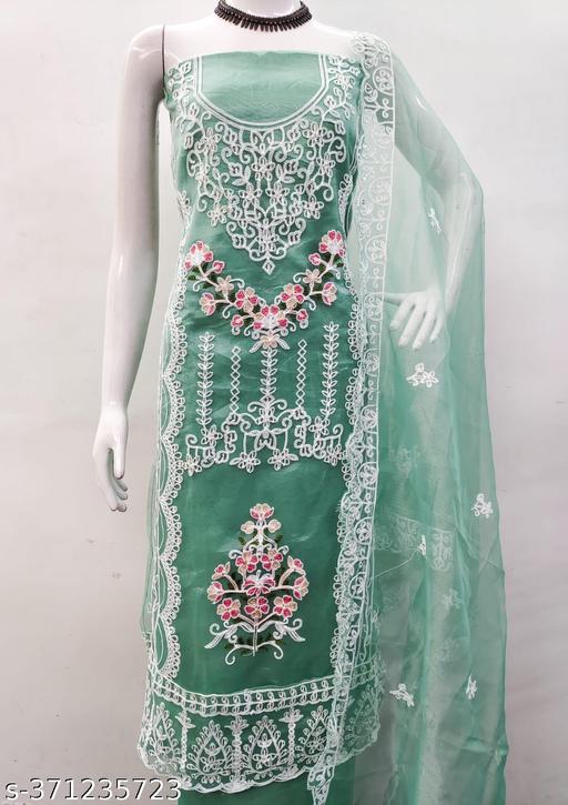 Olive Organza Silk Embroidered Dress Material (Unstiched)