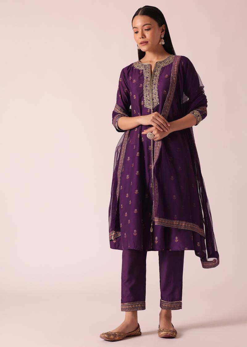 Purple Floral Print Kurta Set with Gota Lace Embroidery