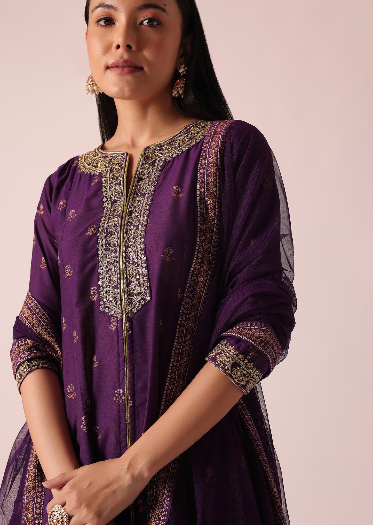 Purple Floral Print Kurta Set with Gota Lace Embroidery