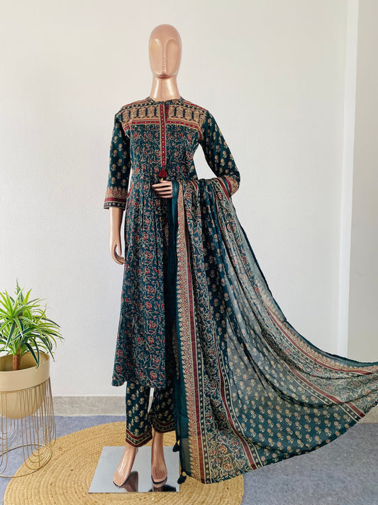 Ajrakh Print A-Line Kurta Pant Set with Pocket