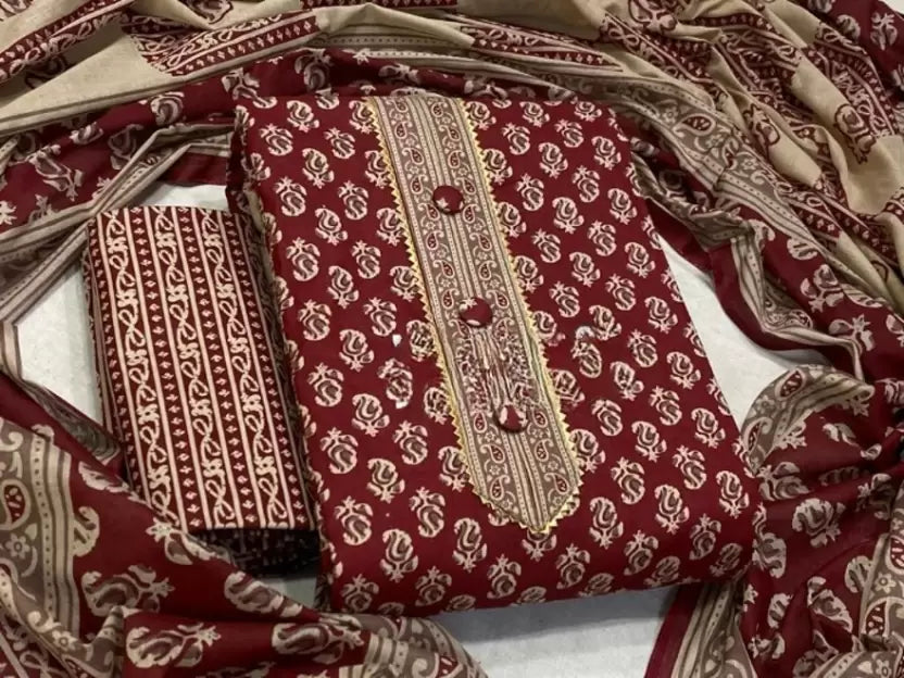 Stylish Fancy Cotton Unstitched Dress Material Top With Bottom Wear And Dupatta Set For Women