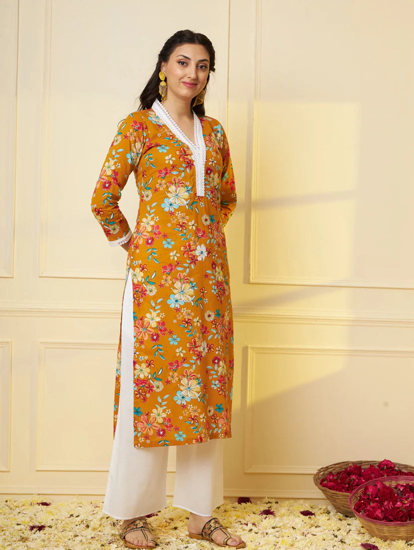 Trendy Yellow Floral Print Cotton Straight Kurta Palazzo Set With Dupatta For Women
