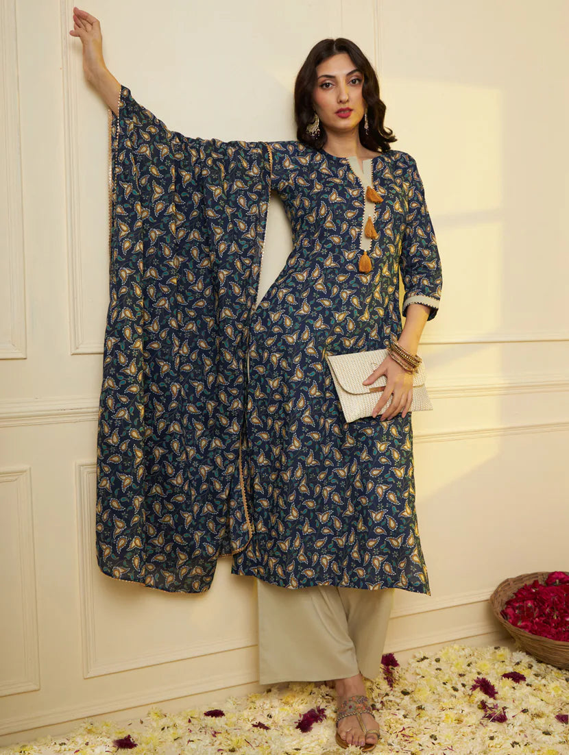 Trendy Blue Floral Print Cotton Straight Kurta Palazzo Set With Dupatta For Women