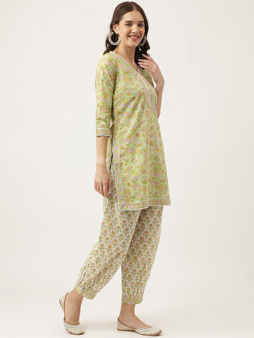 Stylish Green Cotton Printed Straight Kurta, Bottom and Dupatta Set