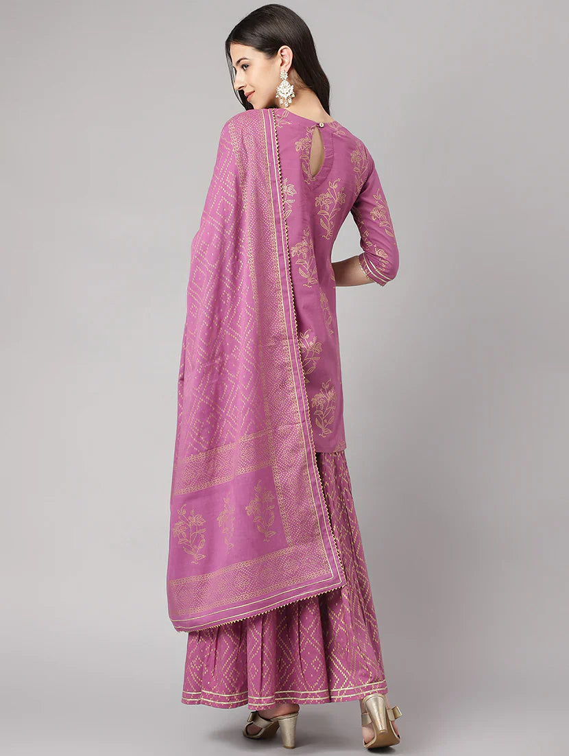 Stylish Purple Cotton Printed Straight Kurta, Bottom and Dupatta Set