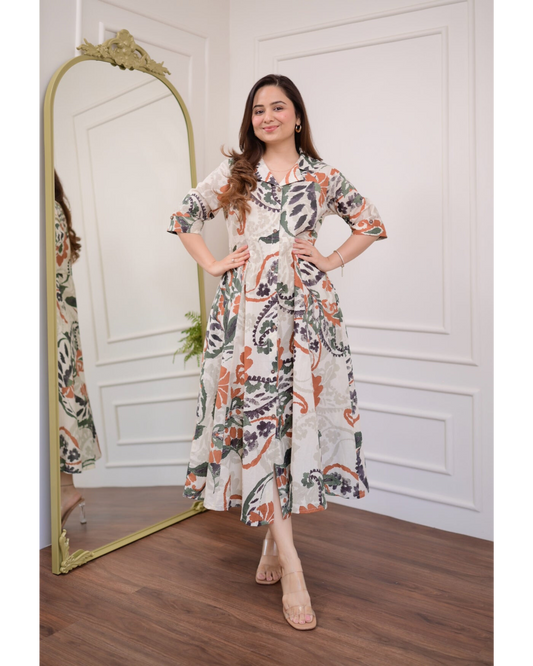 Grey Botanical Cotton A Line Dress