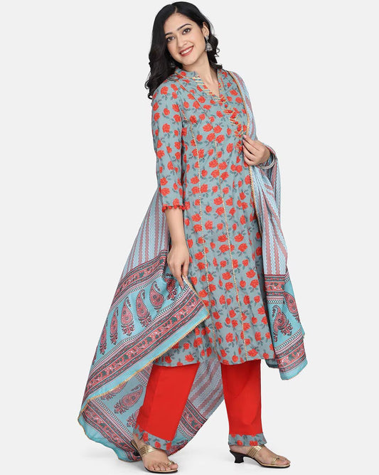 Stylish Cotton Grey Floral Printed Kurta With Pant And Dupatta Set For Women