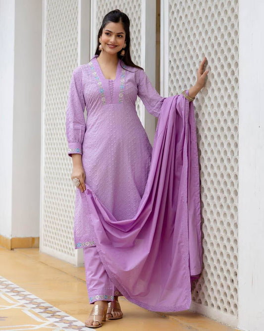 Stylish Purple Cotton Kurta With Pant And Dupatta For Women